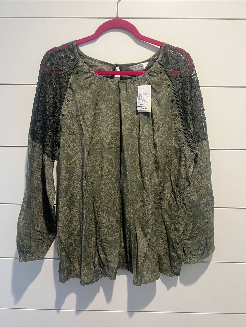 Stunning CJ Banks Olive Paisley Lace-Shoulder Blouse - 1x Women